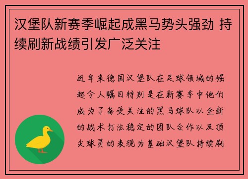汉堡队新赛季崛起成黑马势头强劲 持续刷新战绩引发广泛关注