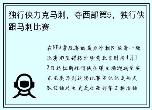 独行侠力克马刺，夺西部第5，独行侠跟马刺比赛