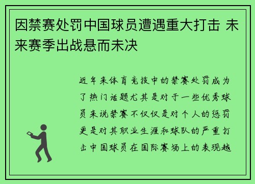 因禁赛处罚中国球员遭遇重大打击 未来赛季出战悬而未决